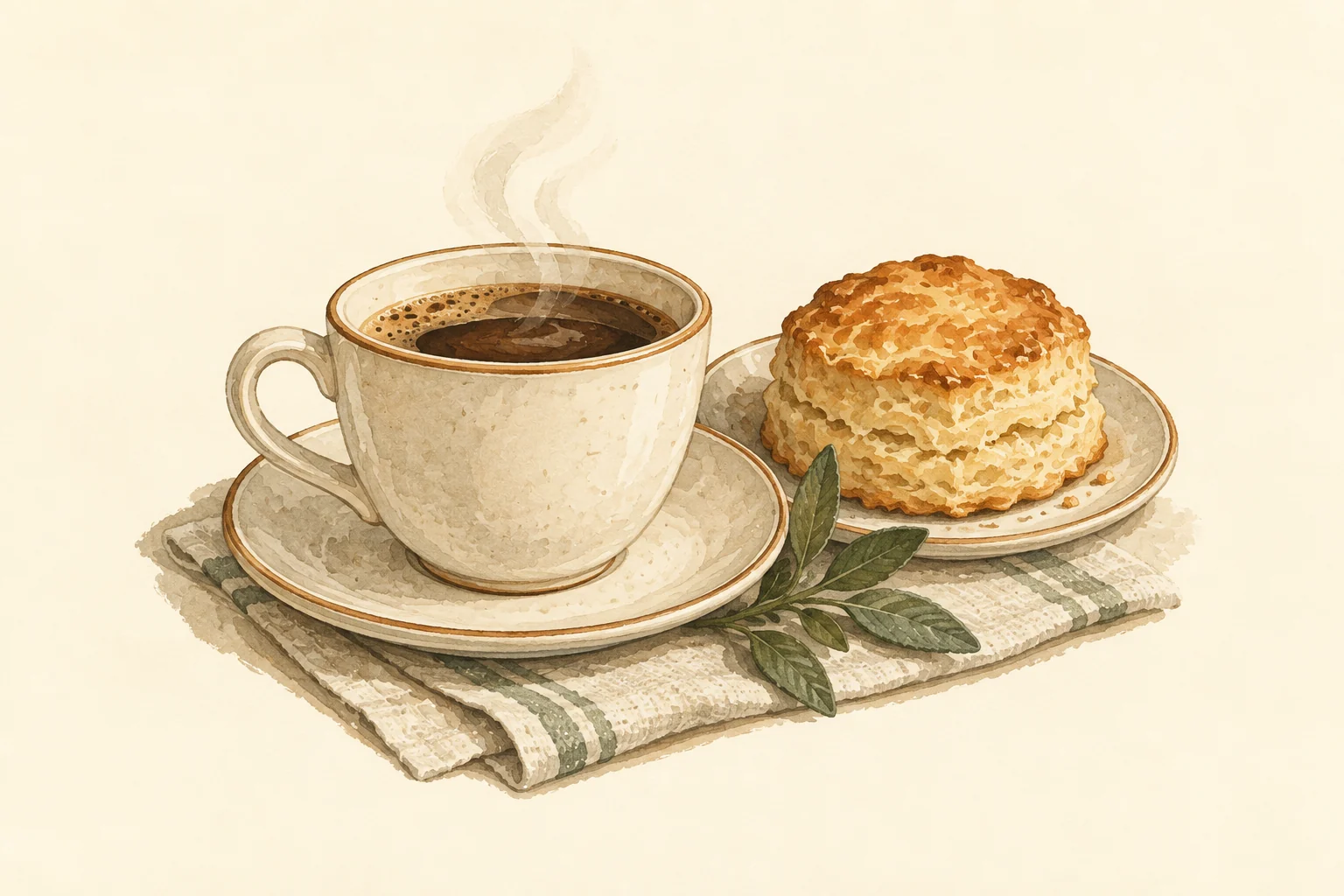 Painted coffee cup and golden breakfast biscuit on cream plates