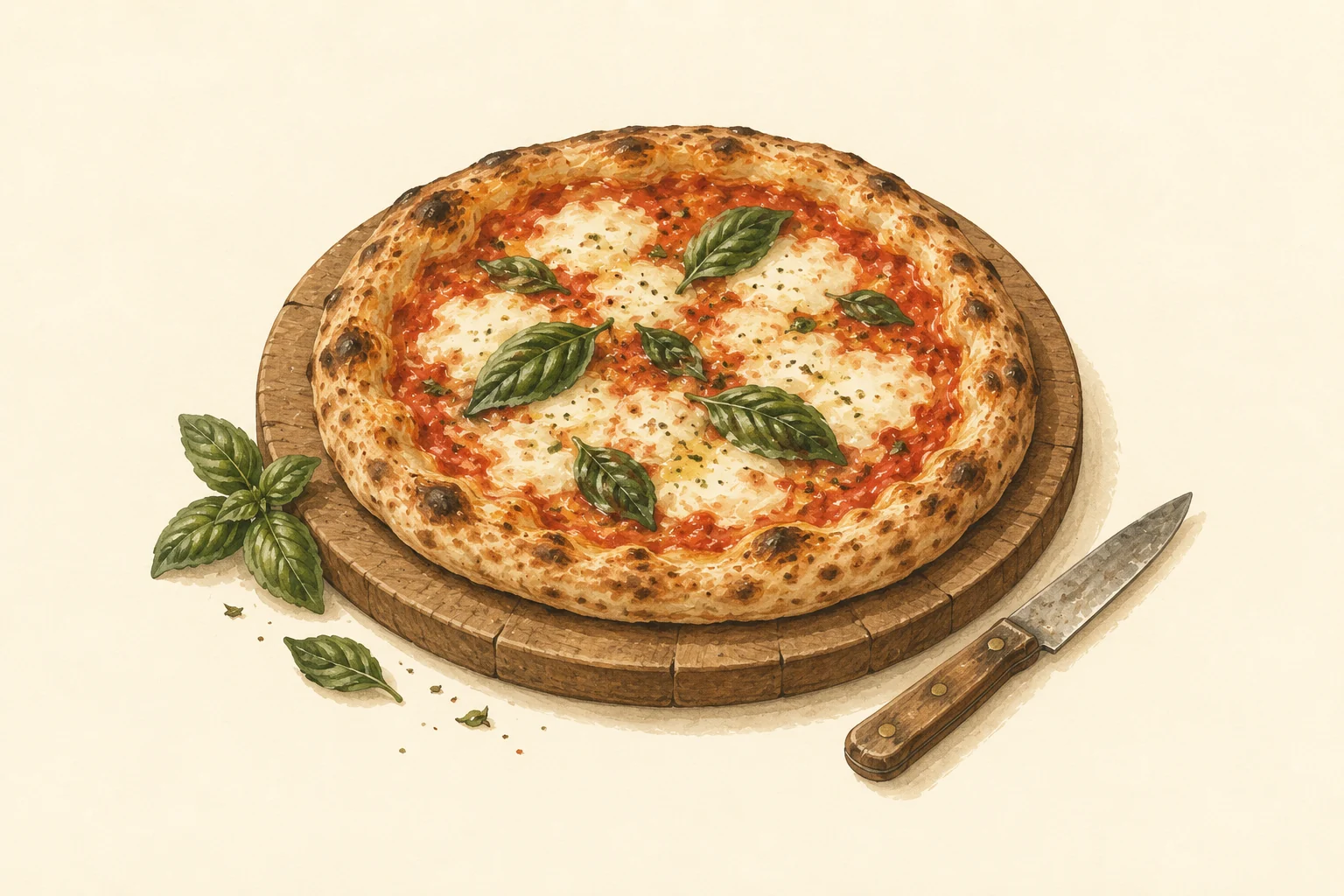 Painted tomato and basil pizza on a round wooden serving board