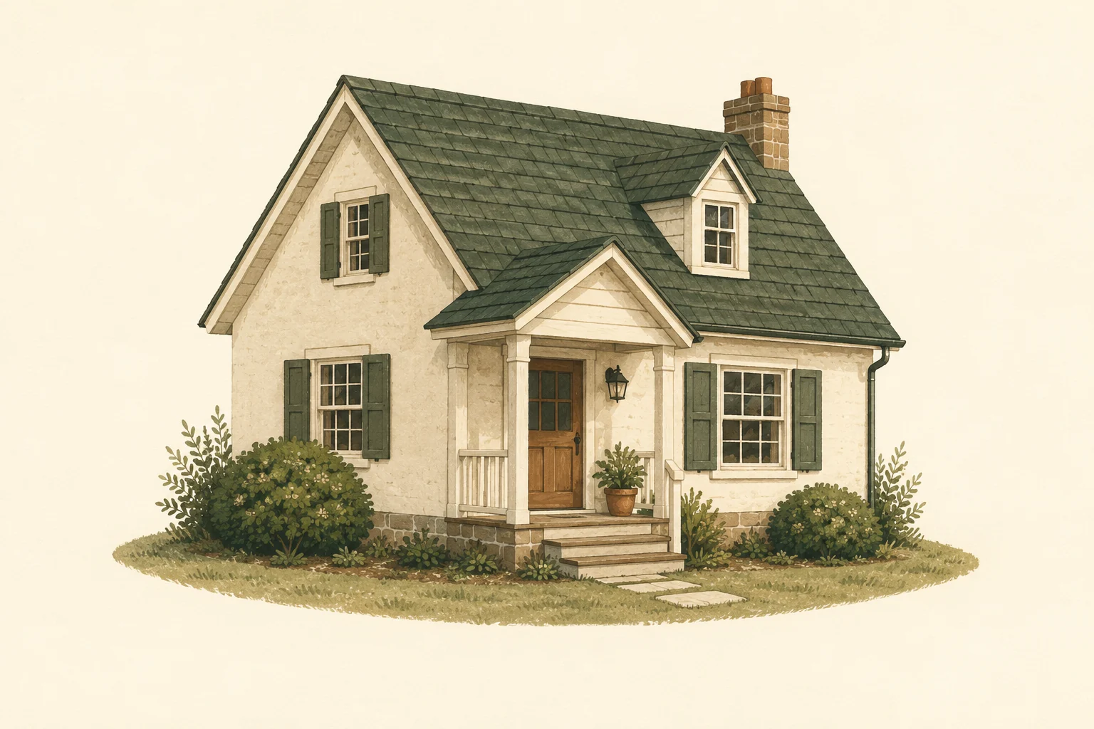 Painted ivory cottage with a sage green roof and garden shrubs